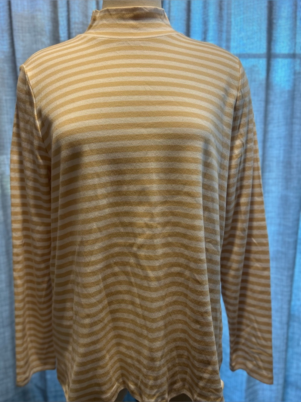 Kim Rogers Beige and White Striped Mock-Neck Long Sleeve Tee